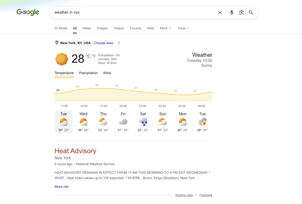 Direct answer weather widget as a zero‑click result. Google weather results for “weather in NYC” showing current temperature, forecast chart, and heat advisory alert