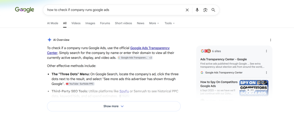  AI Overview for Google Ads transparency check. Google results page with AI Overview explaining how to check if a company runs Google Ads and linking to the Ads Transparency Center