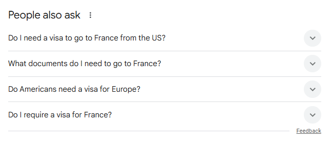 Google “People also ask” box with multiple visa questions about traveling to France