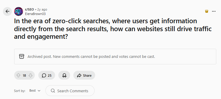 The image describes a reddit thread about the era of zero-click searches