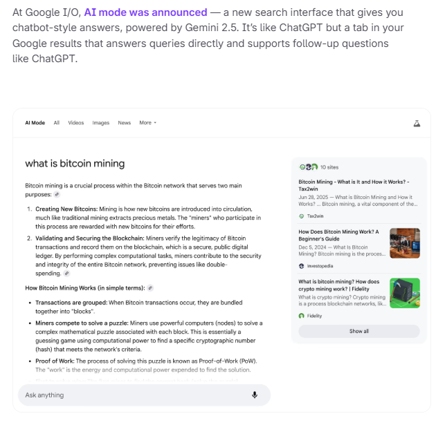  Google AI Mode chat answer for informational query. Google AI Mode interface answering the question “what is bitcoin mining” with a detailed explanation and sources