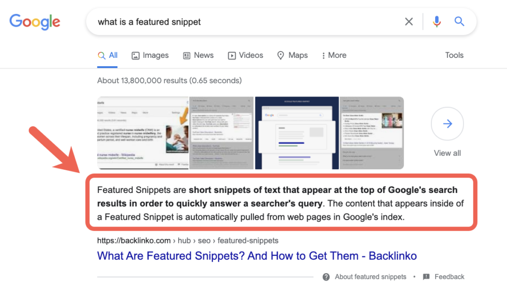 Featured snippet highlighted at top of Google results. Google SERP for “what is a featured snippet” with a definition box outlined and arrow pointing to it