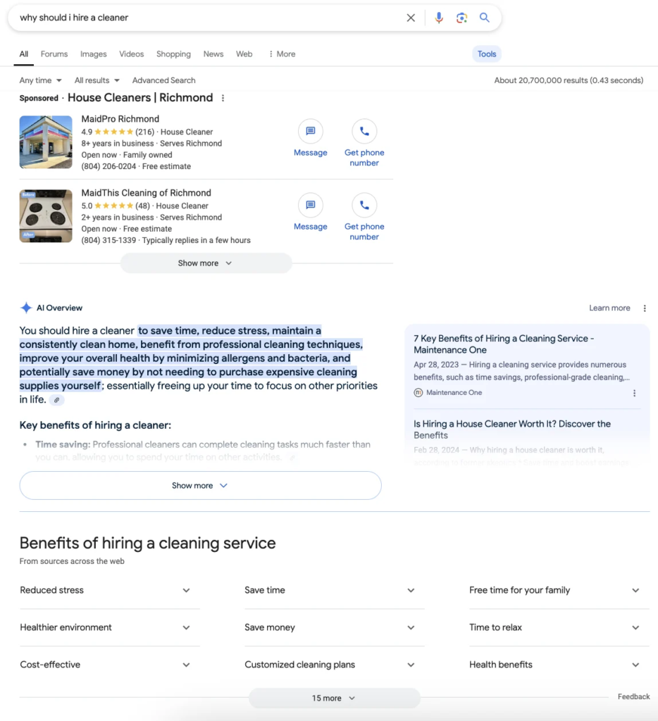 Title: Google AI Overview example for local service query. Google search results page showing AI Overview answer and ads for the query “why should I hire a cleaner”
