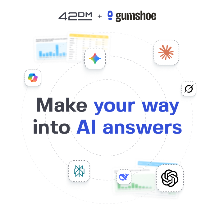 Promotional graphic featuring the headline “Make your way into AI answers,” surrounded by blurred analytics dashboard cards, concentric dashed circles, and ChatGPT and Claude logos.